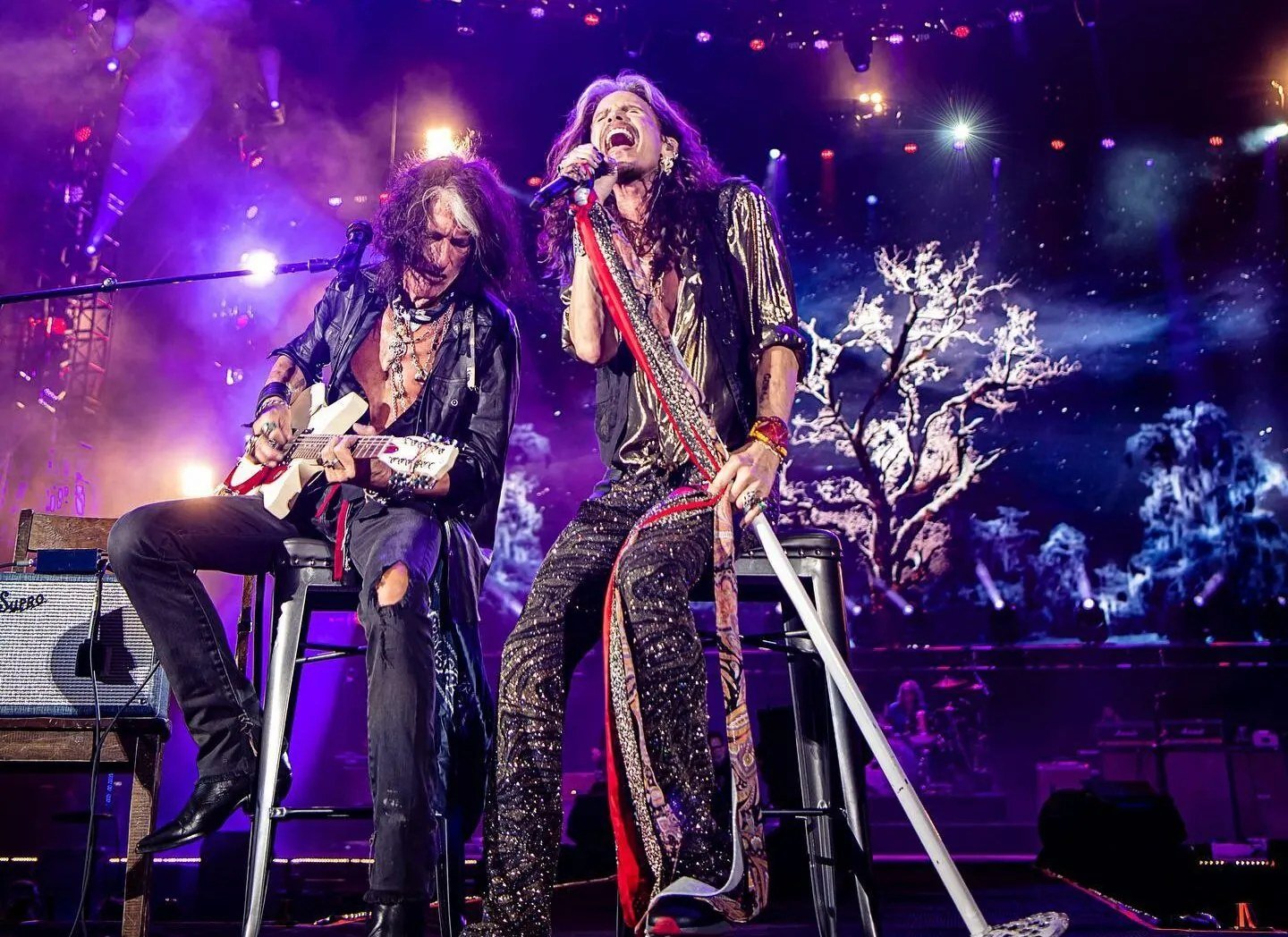 Aerosmith live on stage; the band announced two comeback concerts at the Hollywood Bowl in Los Angeles.