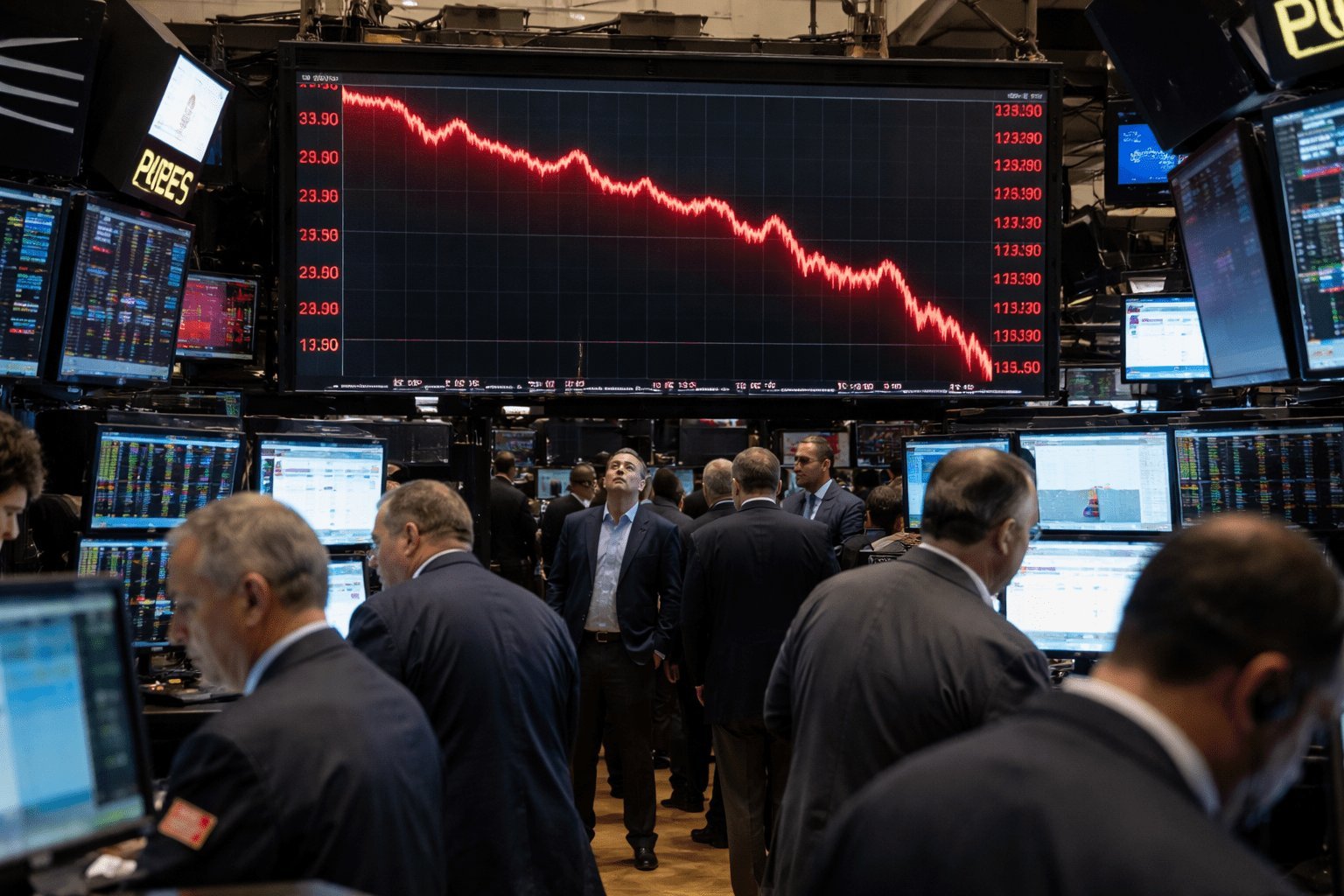 Stock market prices on trading screens.