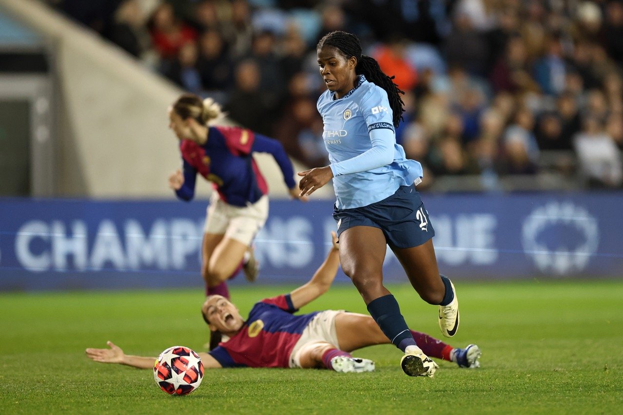 Khadija “Bunny” Shaw celebrates her equalizer as Manchester City drew 1-1 with Real Madrid in the Women's Champions League.