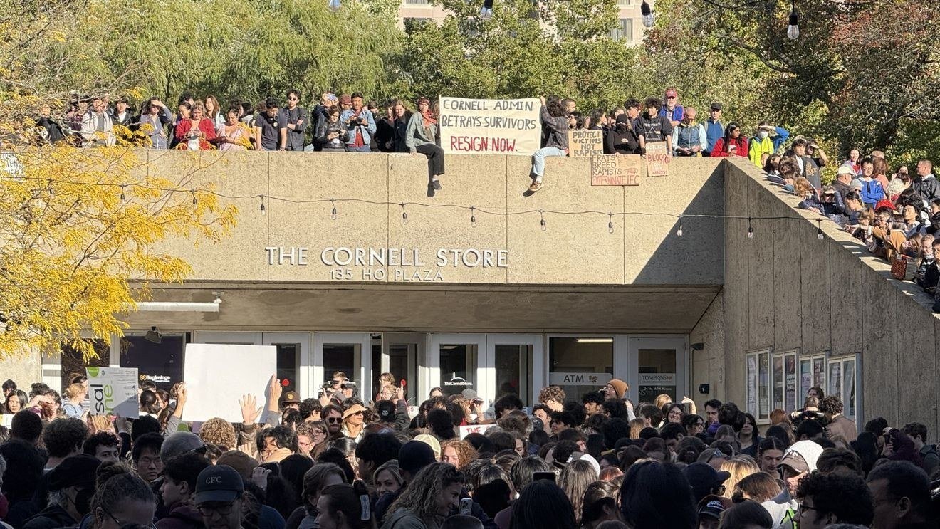 Students at Cornell University's Ho Plaza rally on Monday.