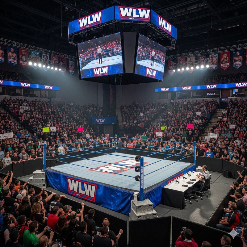 A professional wrestling ring under arena lights.