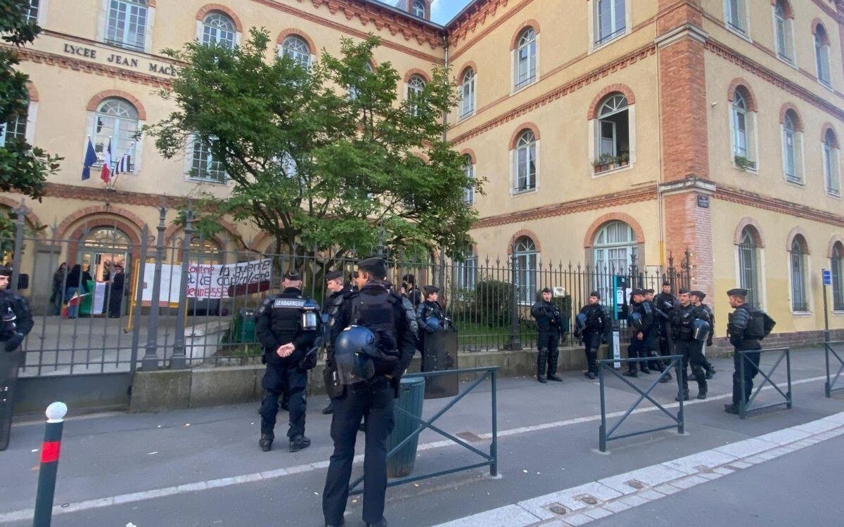 Police deployed outside a French high school amid the protests (file photo).