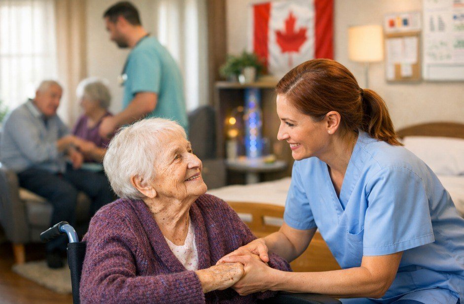 A nurse with a senior patient in Canada, where unions want a national seniors' care strategy with mandatory standards.