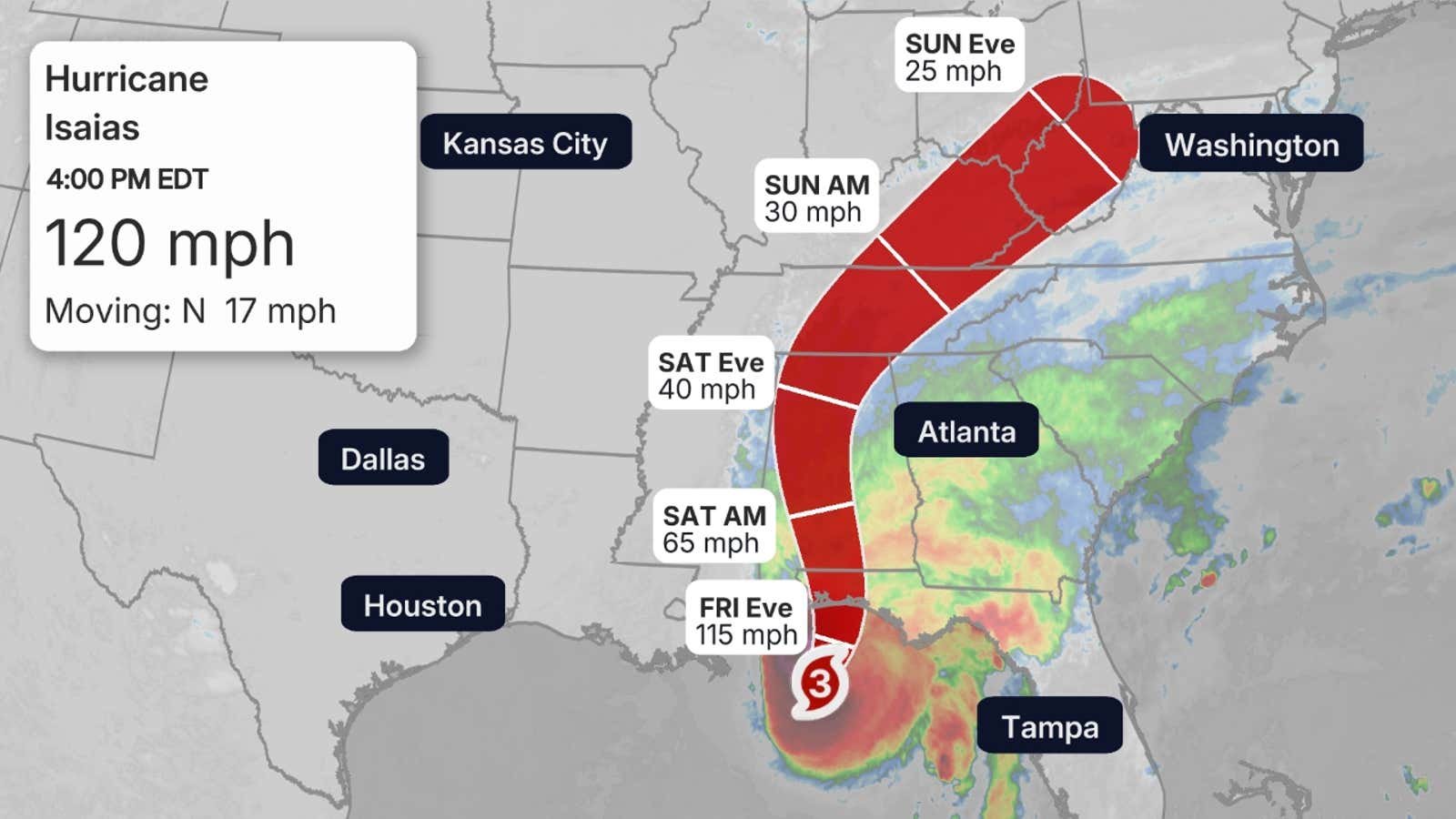 The National Hurricane Center's live storm map tracking Hurricane Isaias as it approaches the Gulf Coast.