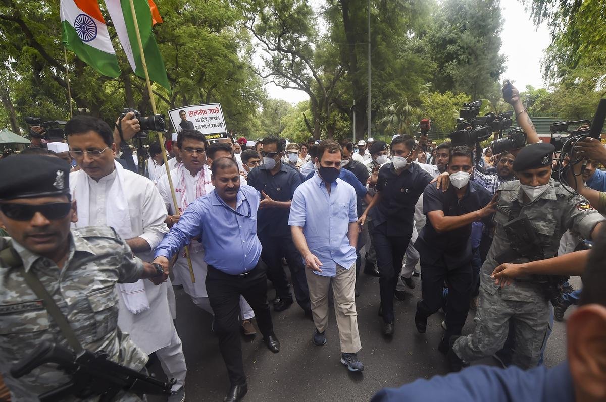 Opposition leader Rahul Gandhi at a protest in New Delhi.