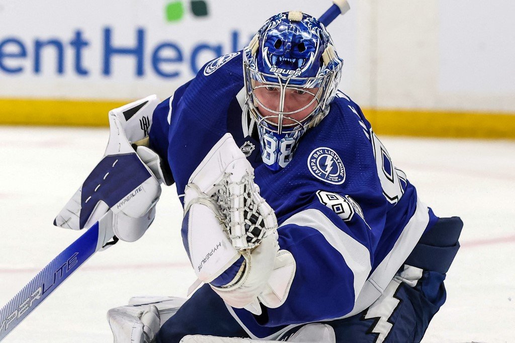 Tampa Bay Lightning goaltender Andrei Vasilevskiy, who tied Andy Moog on the NHL's all-time wins list on Oct. 5, 2026.