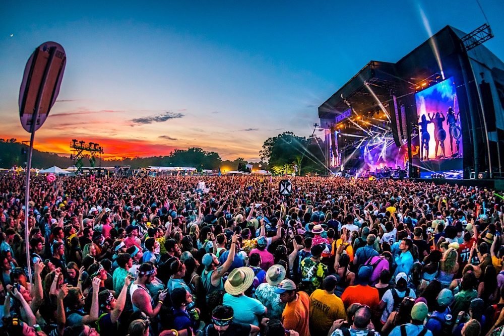 An outdoor concert stage at dusk in Los Angeles.