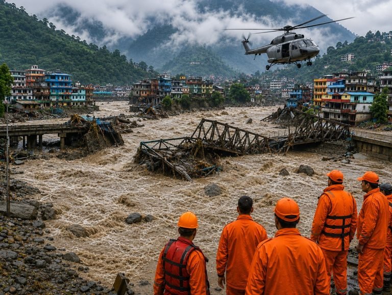 Flood damage along a river valley in Nepal.