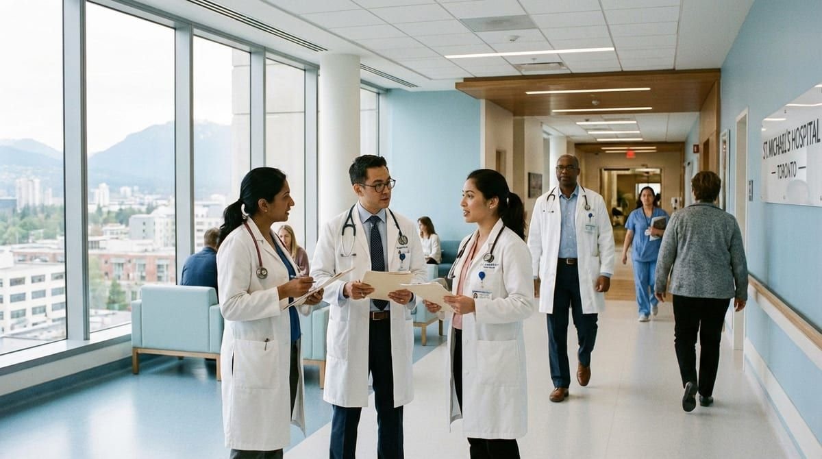Canadian physicians discussing patient care in a hospital — MAID remains a nuanced issue for doctors.