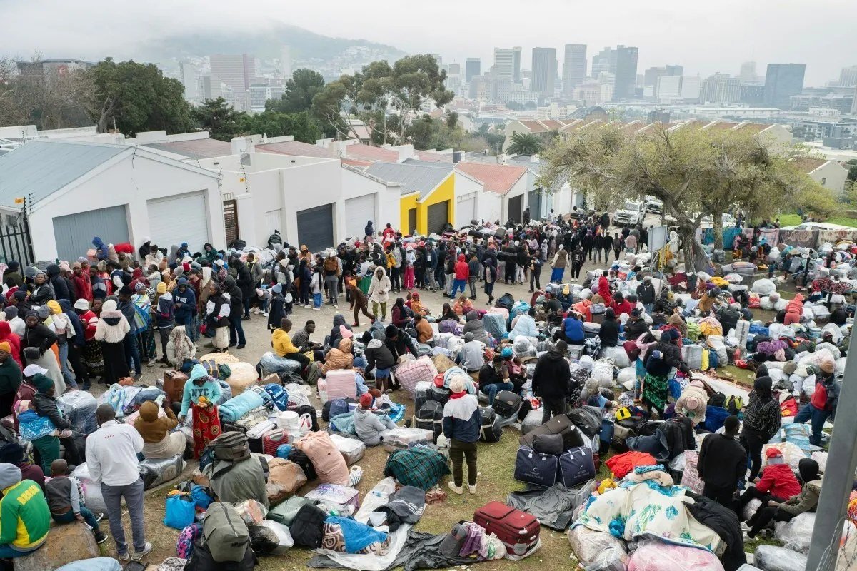 Asylum seekers outside a refugee reception office in South Africa.