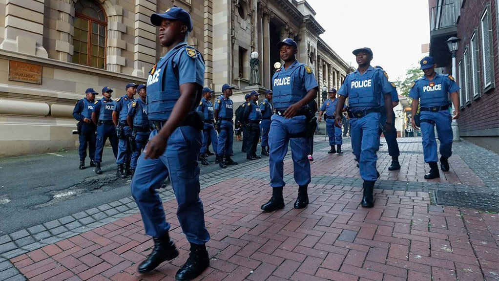 South African Police Service officers on duty in Johannesburg.