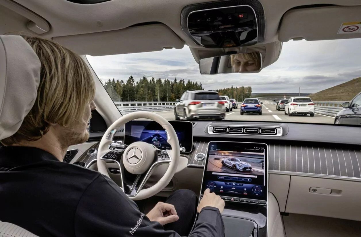 A Mercedes-Benz sedan equipped with driver-assistance technology.