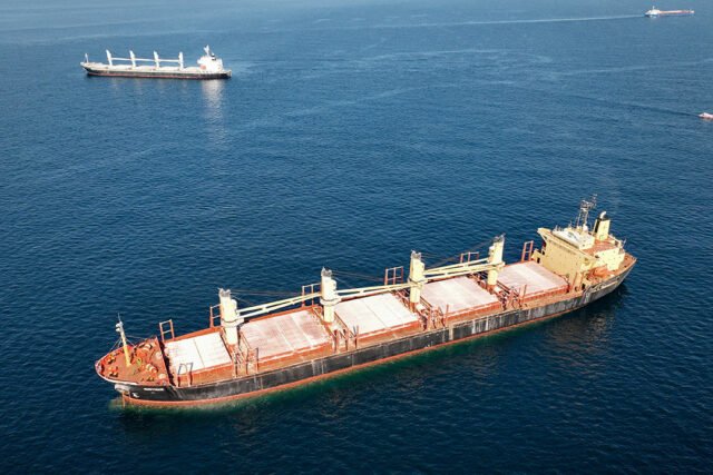 A cargo ship sails the Black Sea, where the Turkish-owned grain vessel Royad Mammadov was struck by drones on Monday.
