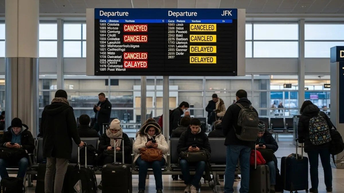 Travellers at a New York airport during widespread flight delays.