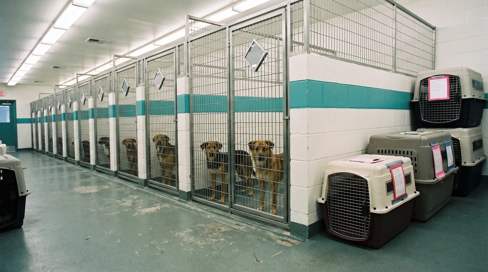 Dogs in kennels at an animal shelter; B.C. advocates want a legal cap on unattended overnight hours.