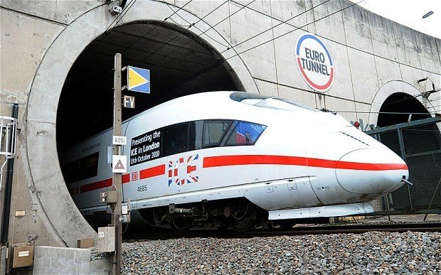 A train at the Channel Tunnel, where a freight train and bus crashed on October 15.