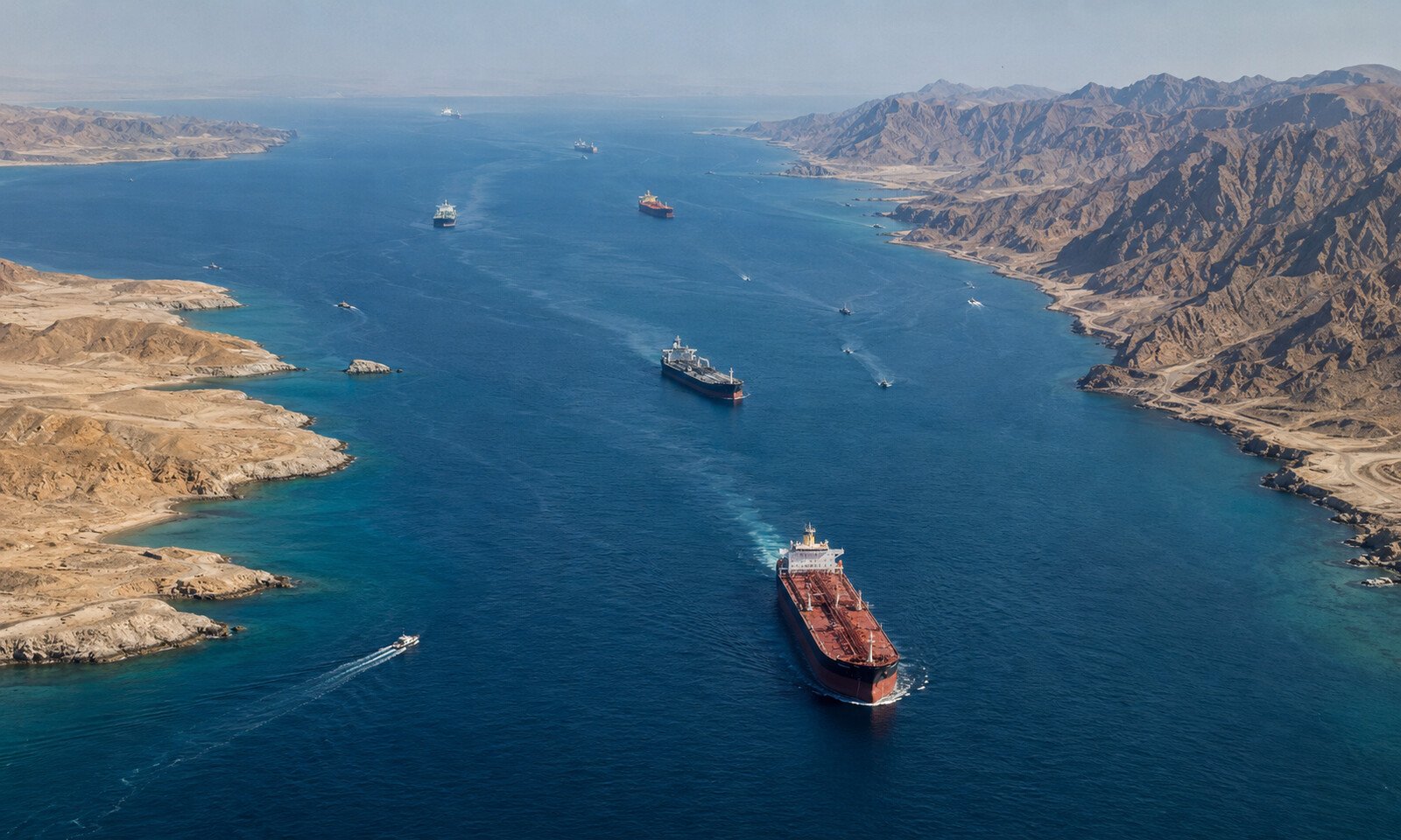 Oil tankers transit the Bab el-Mandeb Strait, the vital Red Sea shipping route at the center of Monday's 'Dawn of Yemen' offensive.